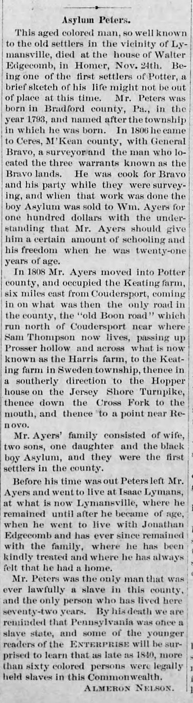 Newspaper death notice and biography of Asylum Peters of Potter County, Pennsylvania.